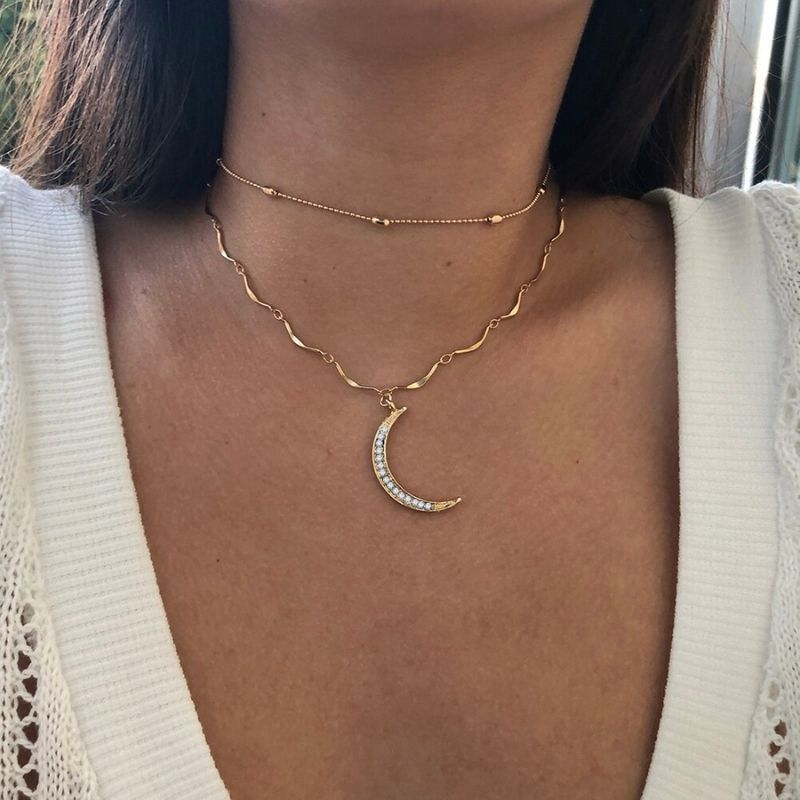 Collar dama mujer doble con dije de Luna y cristales en color dorado accesorios gacela