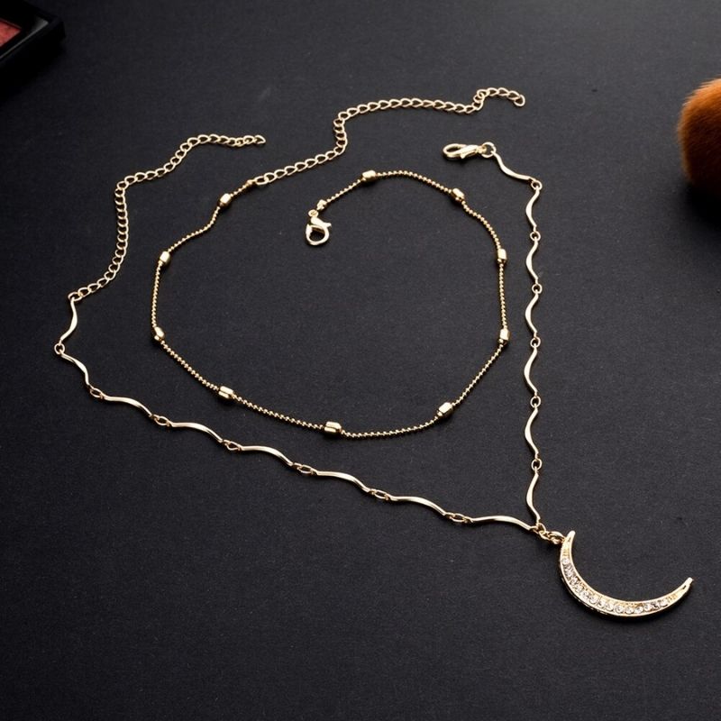 Collar dama mujer doble con dije de Luna y cristales en color dorado accesorios gacela