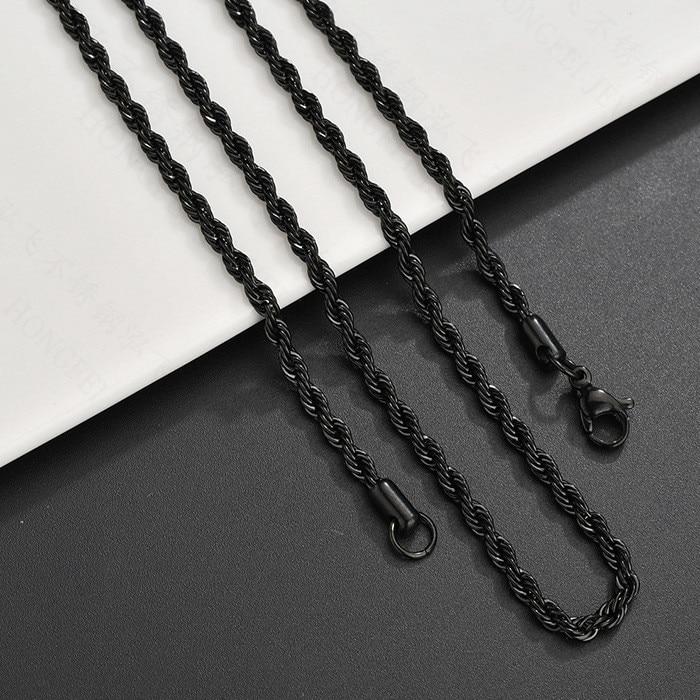 Collar Cadena Hombre Caballero Torzal Trenzado Tejido de Cuerda Acero Inoxidable Negro 3mm x 60cm THT Swag