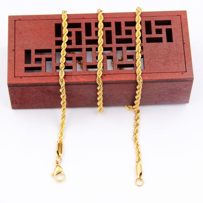 Collar Cadena Hombre Caballero Torzal Trenzado Tejido de Cuerda Acero Inoxidable Dorado 3mm x 60cm THT Swag