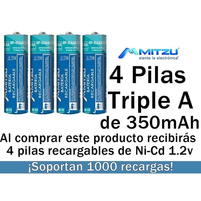 Mitzu® Paquete de 4 pilas recargables AA de Ni-Cd 1000 mAh