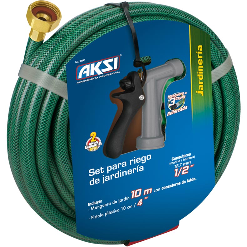 Kit manguera de jardín 10 mts Aksi con pistola de riego 4"