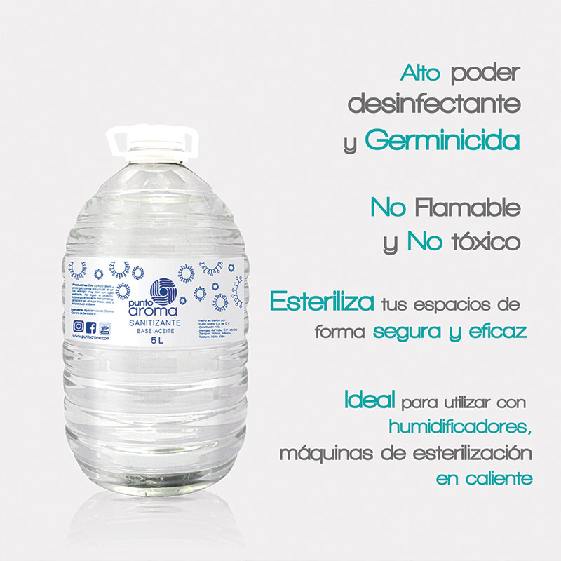 Punto Aroma - Desinfectante líquido base aceite para pulverizar - Líquido sanitizante atomizable - No flamable y no tóxico - Ideal para utilizar con humidificadores, máquinas de esterilización en caliente - Contenido: 5l.