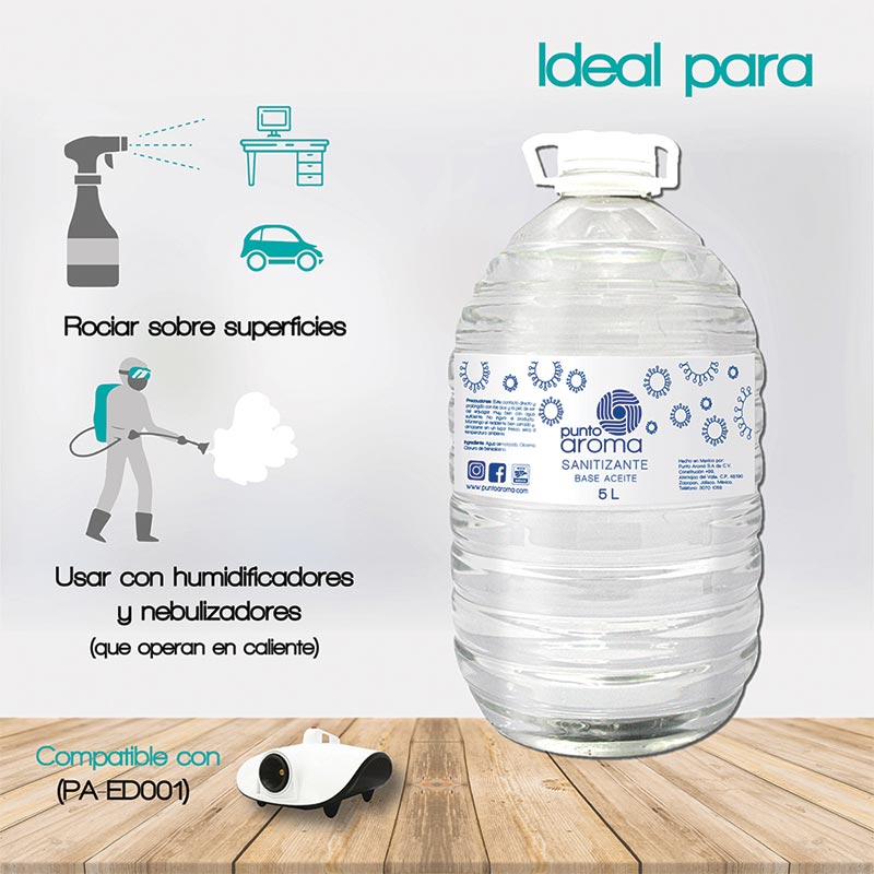 Punto Aroma - Desinfectante líquido base aceite para pulverizar - Líquido sanitizante atomizable - No flamable y no tóxico - Ideal para utilizar con humidificadores, máquinas de esterilización en caliente - Contenido: 5l.