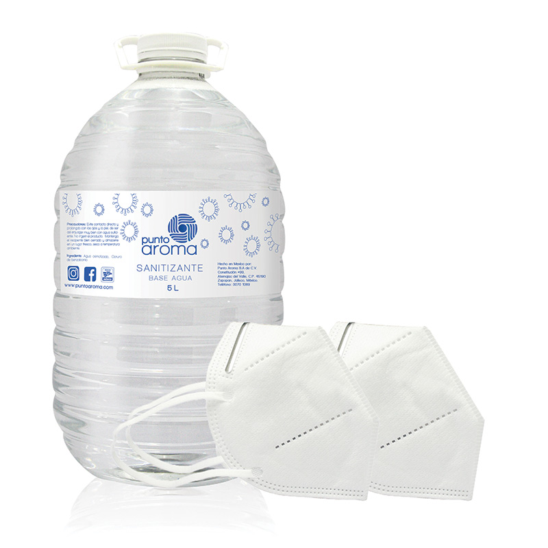 Punto Aroma - Kit Desinfectante líquido para pulverizar + 2 Cubrebocas de 5 capas - Líquido sanitizante atomizable - No flamable y no tóxico - Ideal para utilizar con humidificadores, máquinas de esterilización en frío y atomizadores - Contenido: 5l + 2 cubrebocas. (Base agua)