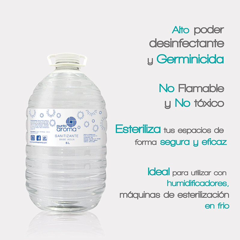 Punto Aroma - Kit Desinfectante líquido para pulverizar + 2 Cubrebocas de 5 capas - Líquido sanitizante atomizable - No flamable y no tóxico - Ideal para utilizar con humidificadores, máquinas de esterilización en frío y atomizadores - Contenido: 5l + 2 cubrebocas. (Base agua)