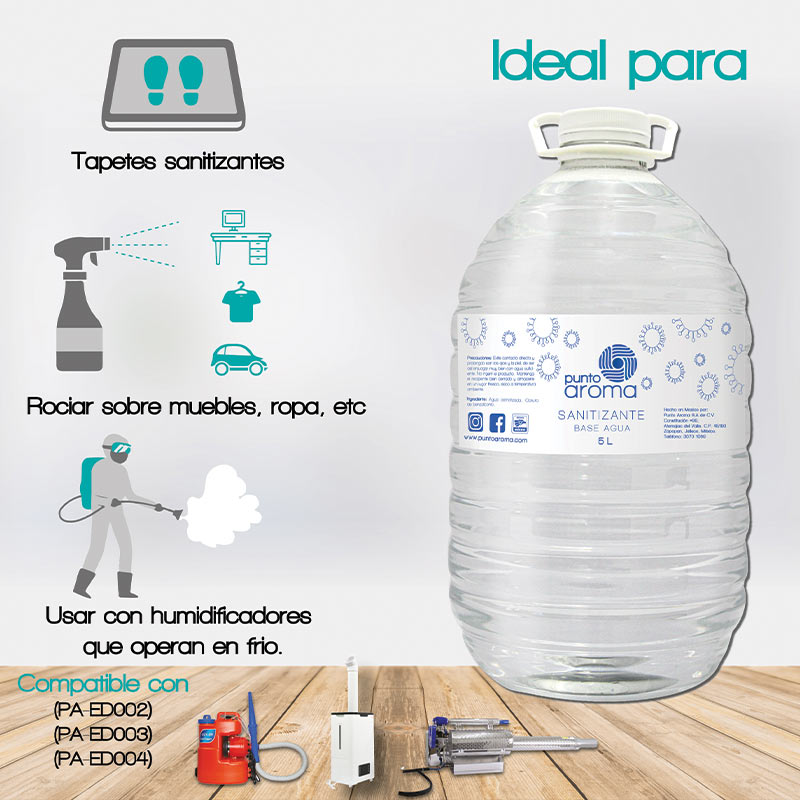 Punto Aroma - Kit Desinfectante líquido para pulverizar + 2 Cubrebocas de 5 capas - Líquido sanitizante atomizable - No flamable y no tóxico - Ideal para utilizar con humidificadores, máquinas de esterilización en frío y atomizadores - Contenido: 5l + 2 cubrebocas. (Base agua)