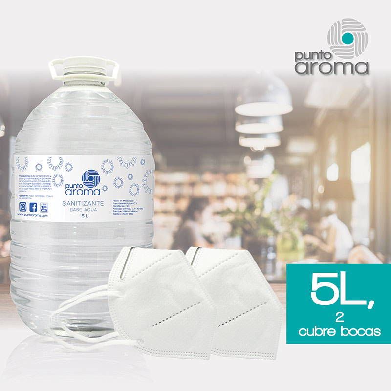 Punto Aroma - Kit Desinfectante líquido para pulverizar + 2 Cubrebocas de 5 capas - Líquido sanitizante atomizable - No flamable y no tóxico - Ideal para utilizar con humidificadores, máquinas de esterilización en frío y atomizadores - Contenido: 5l + 2 cubrebocas. (Base agua)