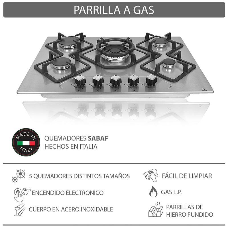 Parrilla de gas L.P. empotrable 70cm SUPRA ETERNITY de acero inoxidable con 5 quemadores
