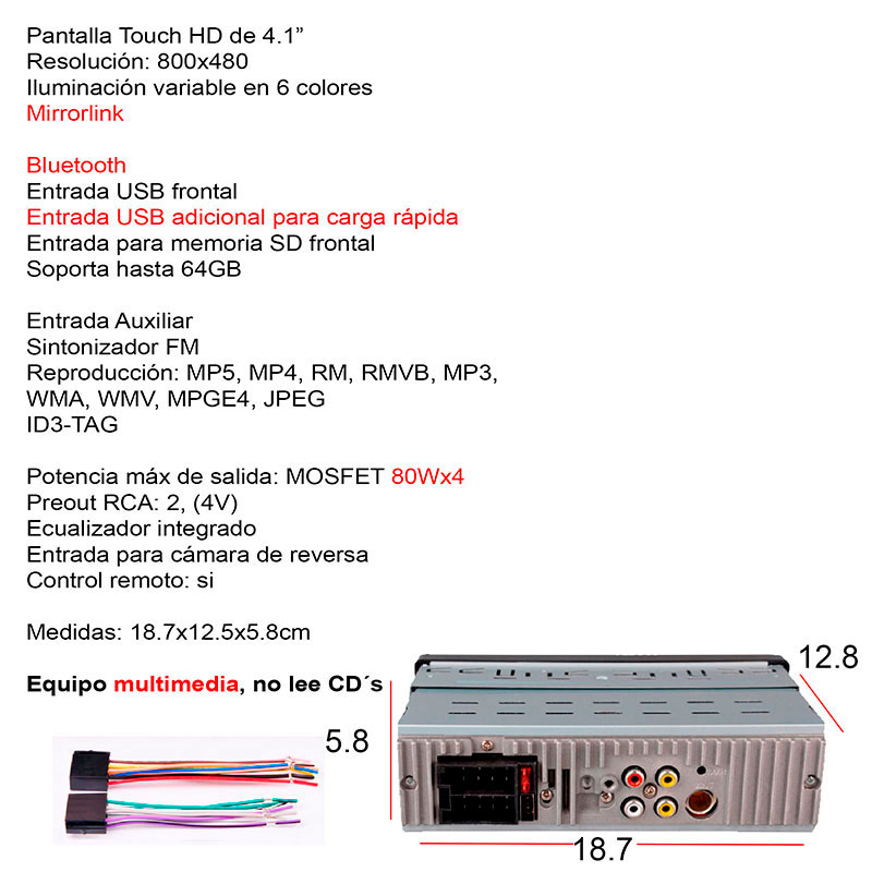 AUTOESTEREO VAK 5871 MP5 LCD 4" MIRRORLINK BLUETOOTH REVERSA .