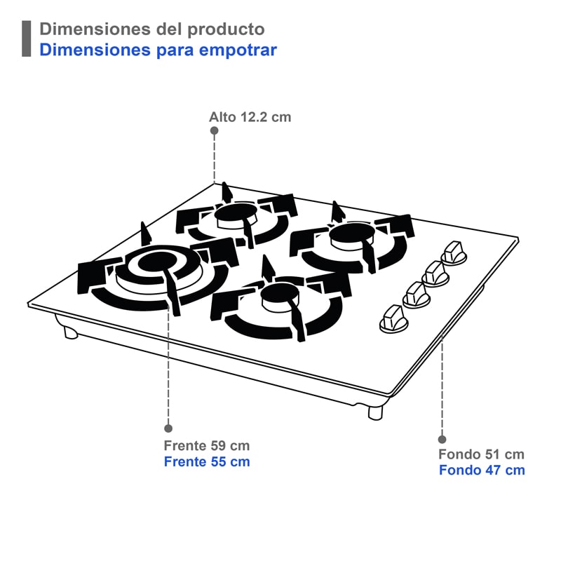 Parrilla de gas empotrable de 4 quemadores SUPRA 4Q-EC-N parrilla a gas de 60cm con cubierta de cristal templado negro