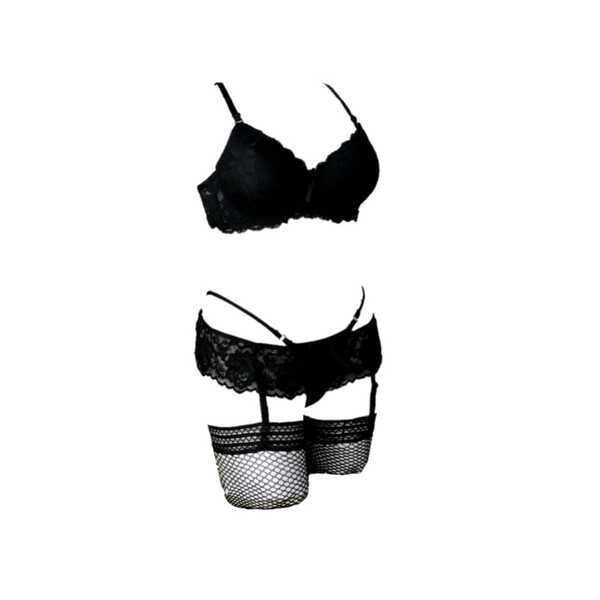 LENCERIA EN ENCAJE NEGRO BRASIER PANTY LIGUERO Y MEDIAS DE RED SET 4PZ ESTILO-909