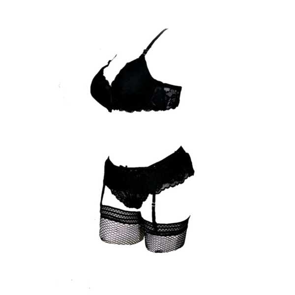 LENCERIA EN ENCAJE NEGRO BRASIER PANTY LIGUERO Y MEDIAS DE RED SET 4PZ ESTILO-909