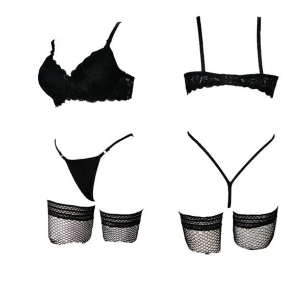 LENCERIA EN ENCAJE NEGRO BRASIER PANTY LIGUERO Y MEDIAS DE RED SET 4PZ ESTILO-909