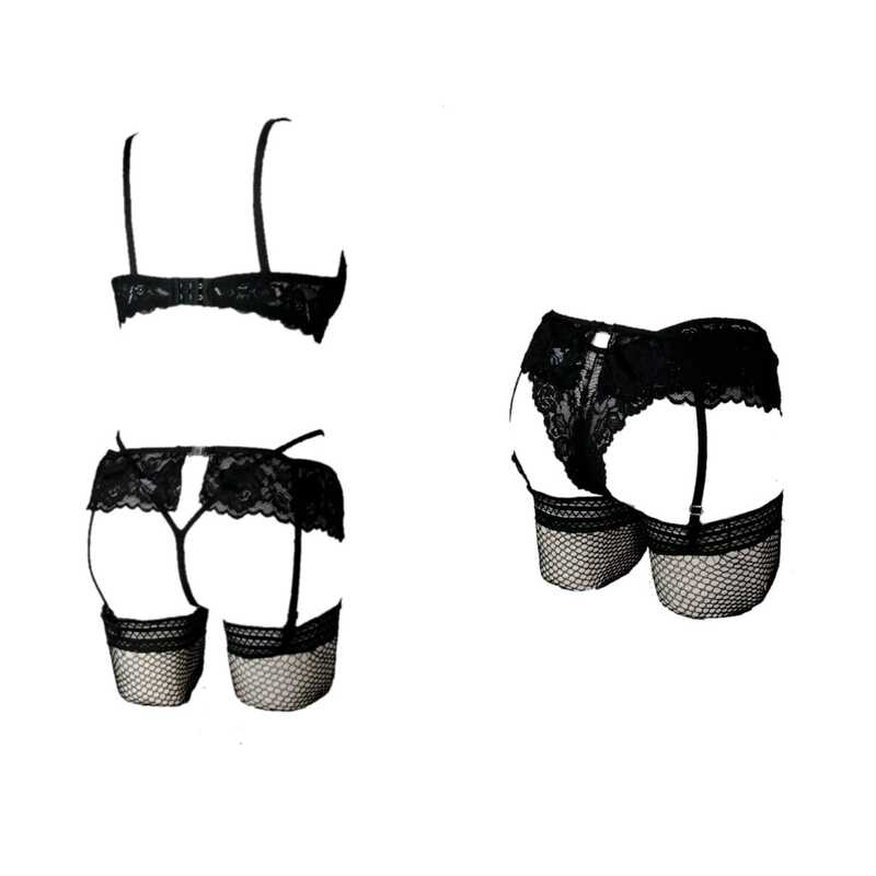 LENCERIA EN ENCAJE NEGRO BRASIER PANTY LIGUERO Y MEDIAS DE RED SET 4PZ ESTILO-909
