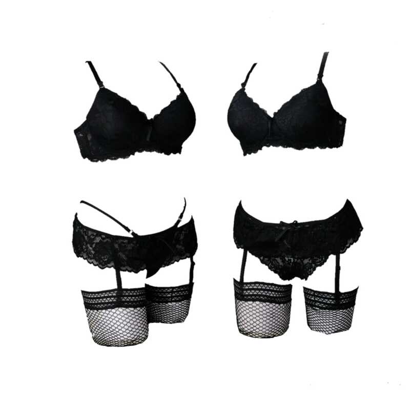 LENCERIA EN ENCAJE NEGRO BRASIER PANTY LIGUERO Y MEDIAS DE RED SET 4PZ ESTILO-909