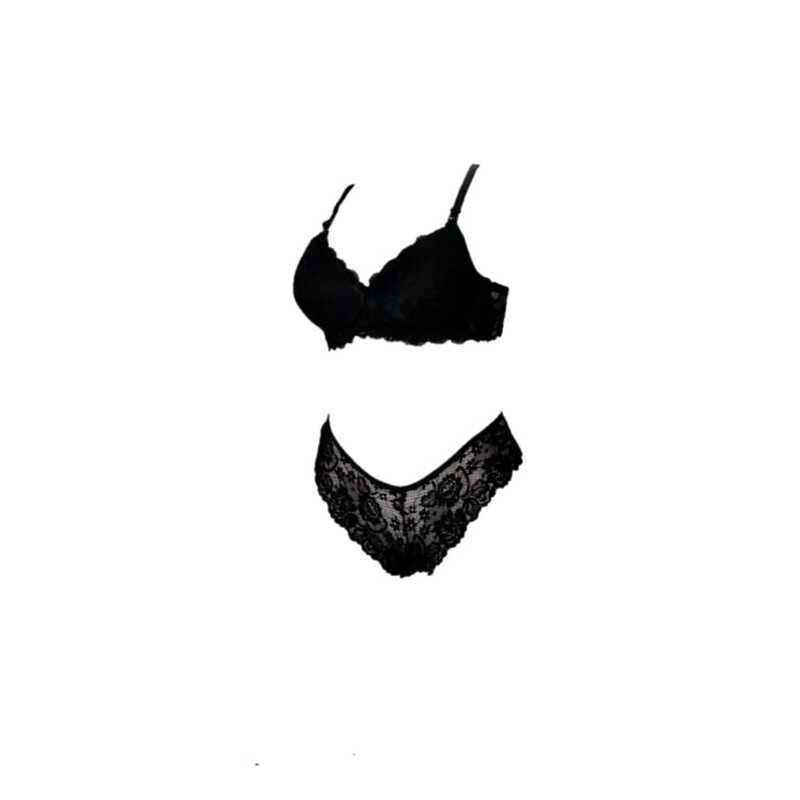 LENCERIA EN ENCAJE NEGRO BRASIER PANTY LIGUERO Y MEDIAS DE RED SET 4PZ ESTILO-909