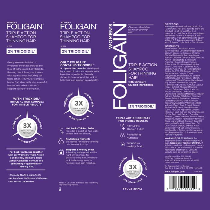 Foligain Shampoo con 2% Trioxidil para Cabello más Denso y fuerte para Mujeres