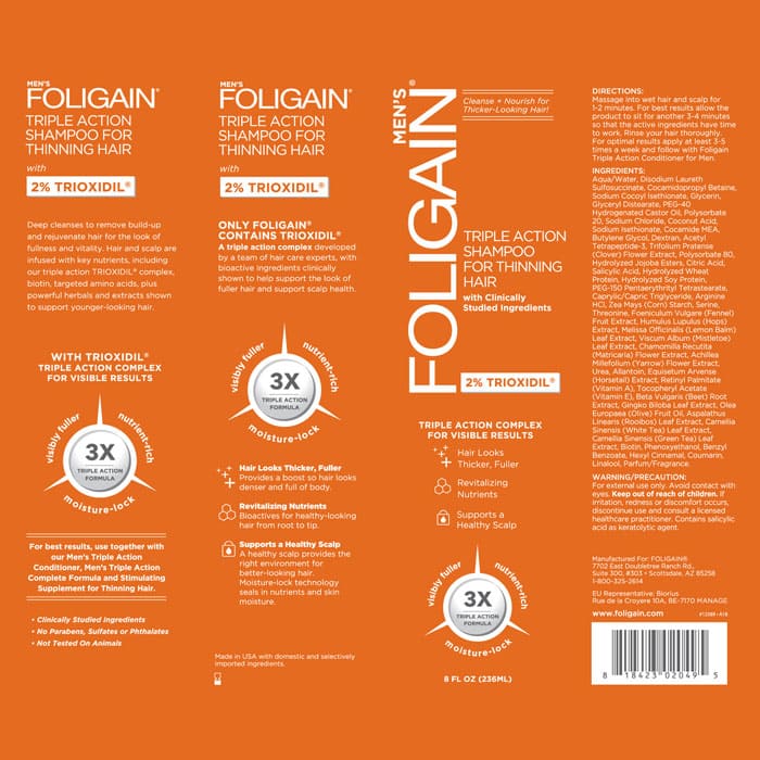 Foligain Shampoo con 2% Triodixil para el Recrecimiento del Cabello en Hombres.