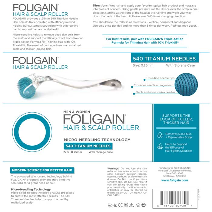 Foligain Derma Roller para Cuero Cabelludo 540 Agujas de Titanio para alopecia.