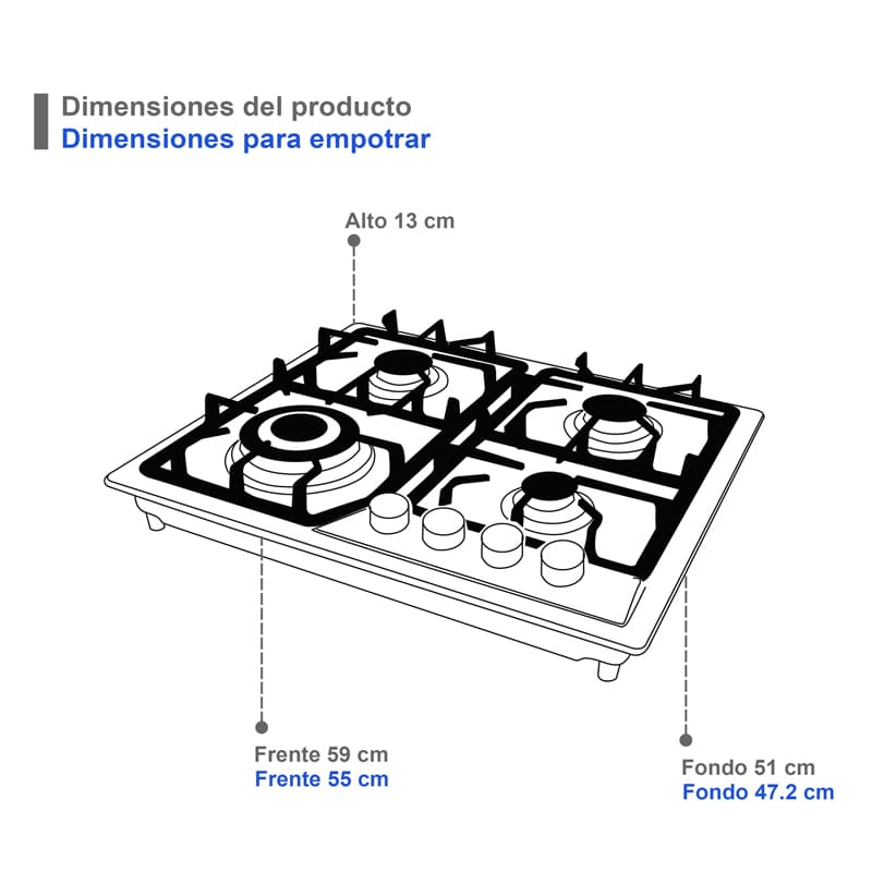 Parrilla de gas empotrable 60cm con cubierta y cuerpo de acero inoxidable SUPRA EXQUISIT con 4 quemadores 