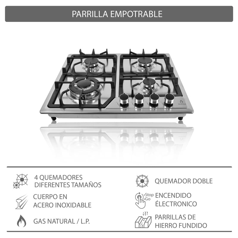 Parrilla de gas empotrable 60cm con cubierta y cuerpo de acero inoxidable SUPRA EXQUISIT con 4 quemadores 