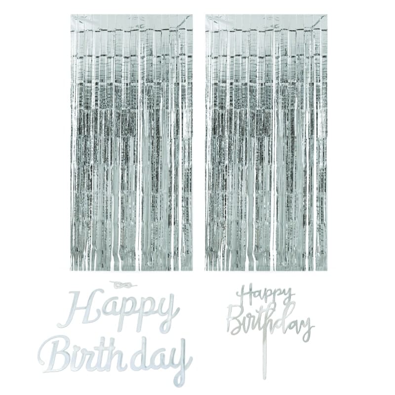 Kit feliz cumpleaños cortinas metálicas, banner y adorno para pastel (Plateado)