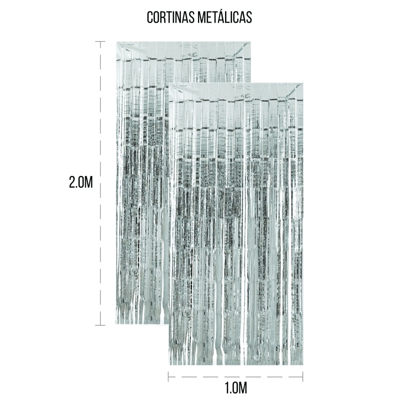 Kit feliz cumpleaños cortinas metálicas, banner y adorno para pastel (Plateado)