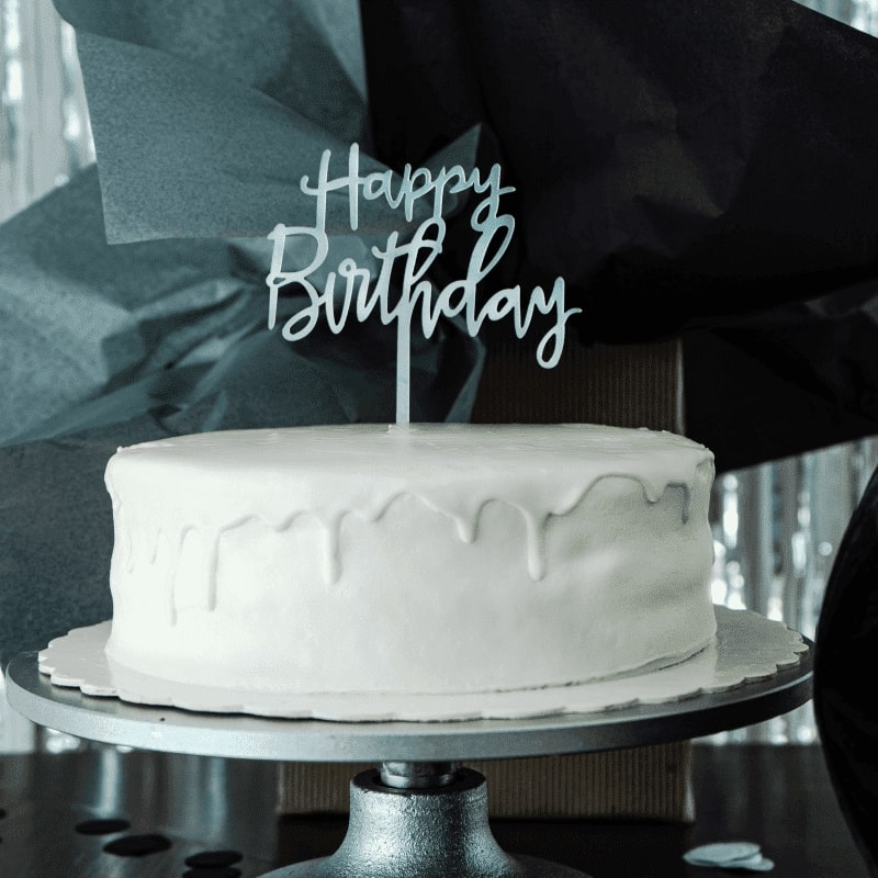 Kit feliz cumpleaños cortinas metálicas, banner y adorno para pastel (Plateado)