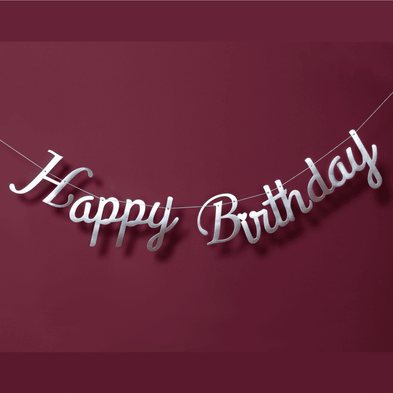 Kit feliz cumpleaños cortinas metálicas, banner y adorno para pastel (Plateado)
