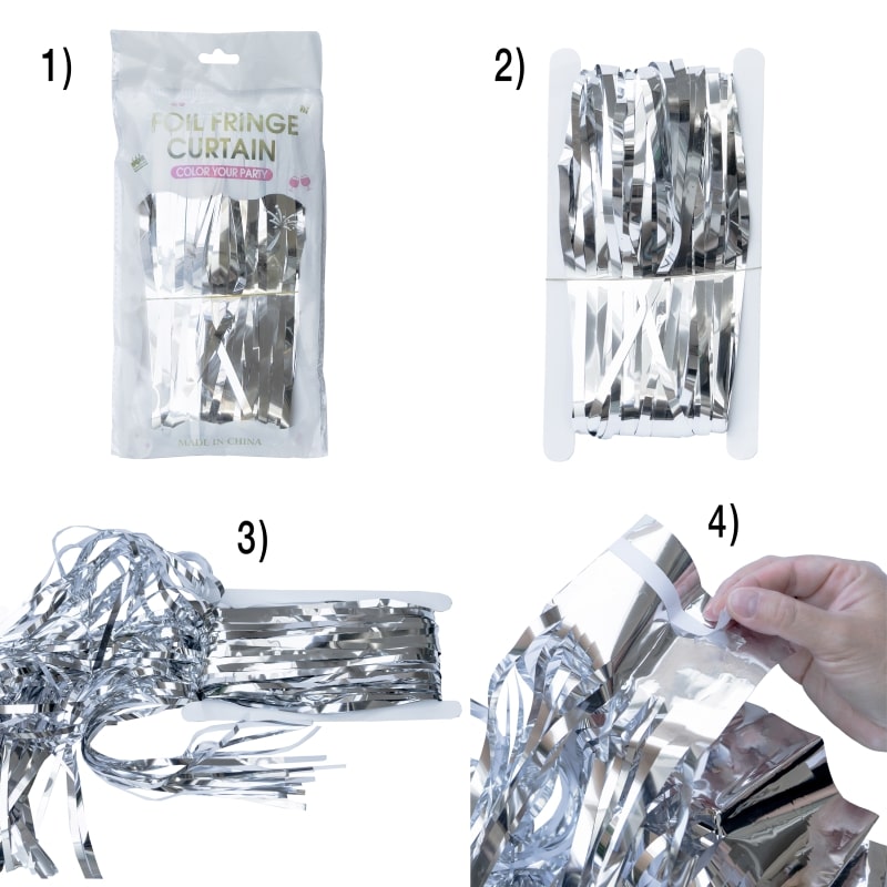 Kit feliz cumpleaños cortinas metálicas, banner y adorno para pastel (Plateado)