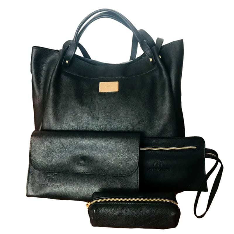 Bolso tote bolsa 100% piel genuina negra kit con bolso de mano, cartera y cosmetiquera MF686