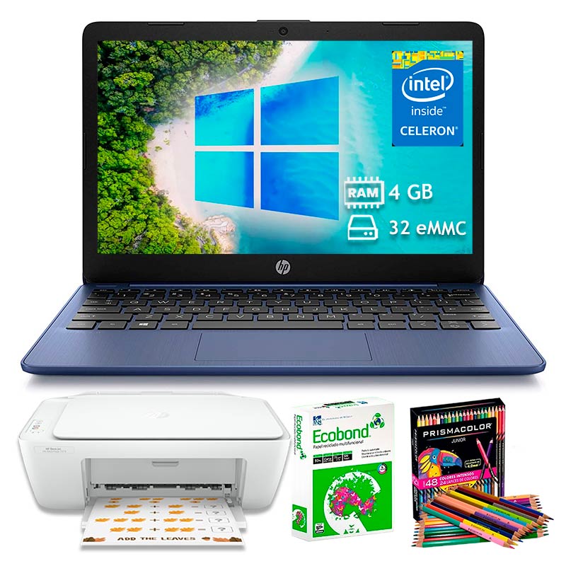 Laptop HP Stream 11 intel celeron 32gb eMMC 4Gb de Ram - Azul + Impresora + 500 hojas blancas + caja de colores