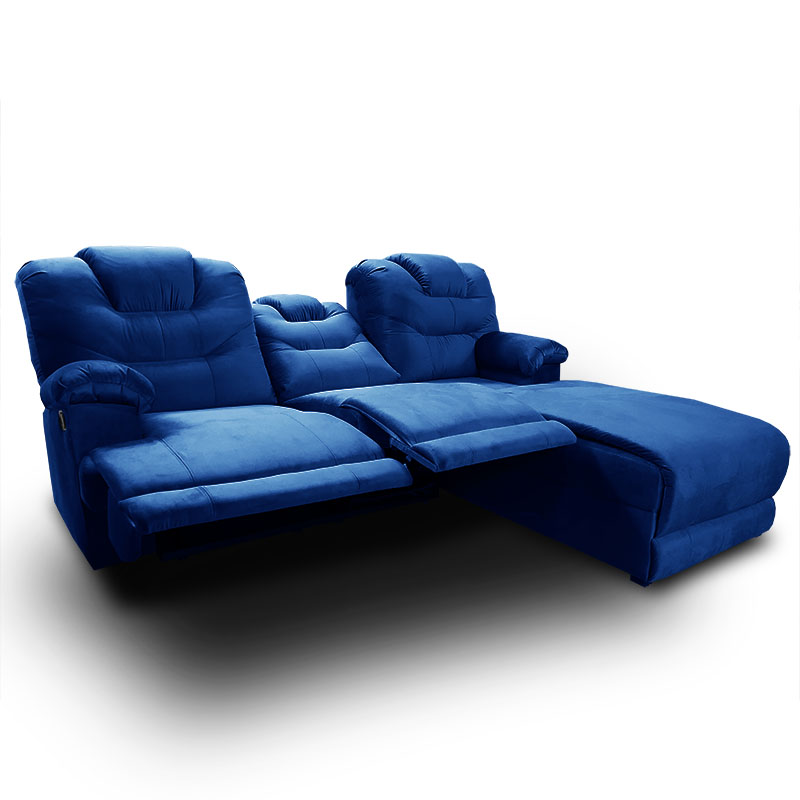 Sala con Reclinable Doble y Chaise Der. Hercules Tela Terciopelo Azul  MADERIAN // ENTREGA A CDMX