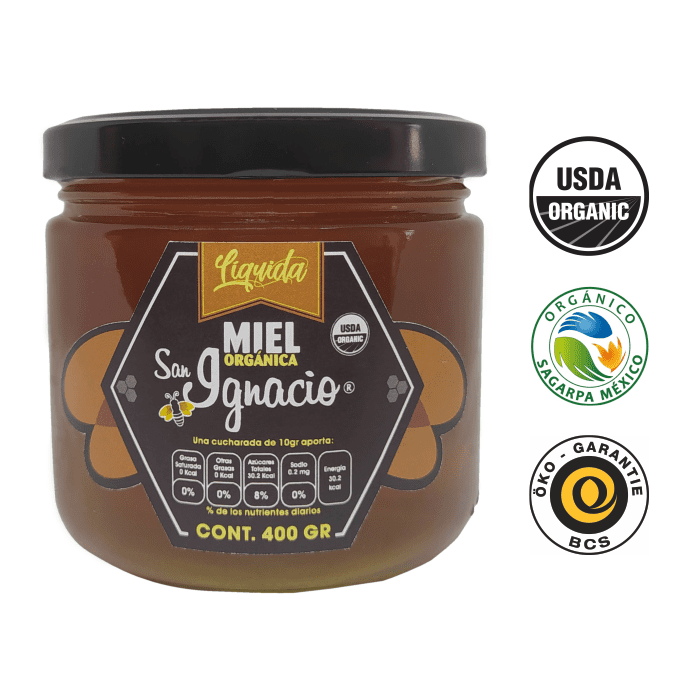 Miel ORGANICA San Ignacio Liquida Multifloral Frasco 400gr USDA Organic SAGARPA Organico 100% pura de abeja