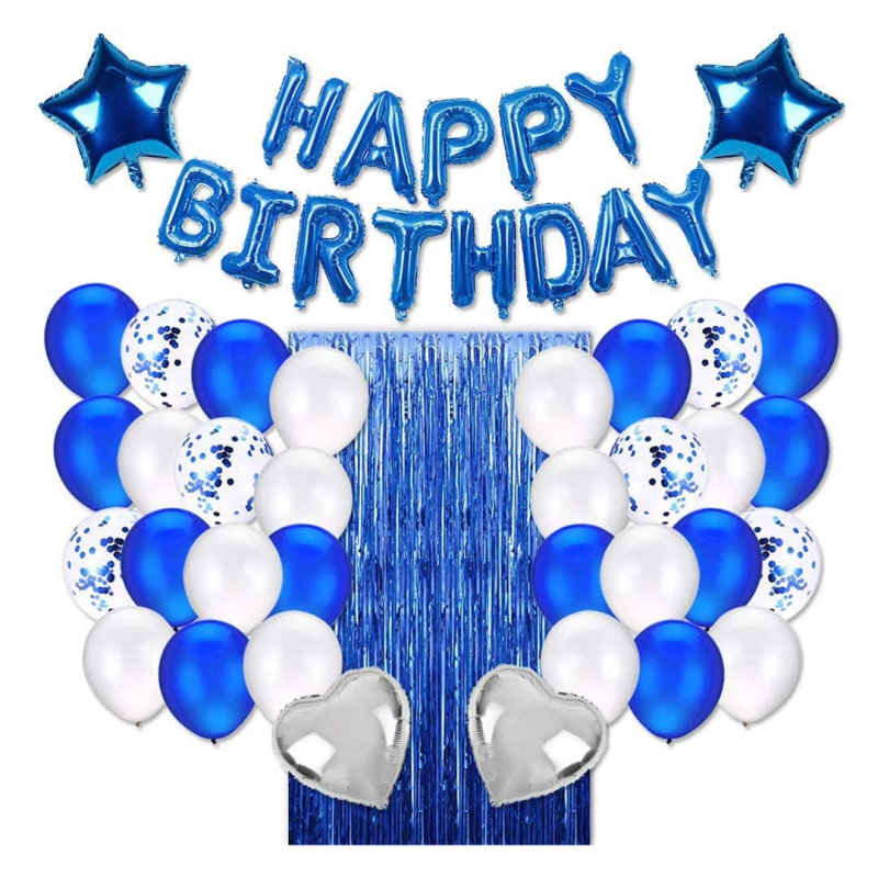 49 Piezas Combinación de globo de papel de aluminio Globos de cumpleaños/Globos de fiesta de cumpleaños/Decoración de pared de fondo de fiesta/Birthday/Color azul metalizado/blanco/Plata/ lentejuelas/globos del alfabeto happy Birthday/En forma de corazon/Forma de estrella/Tema marino