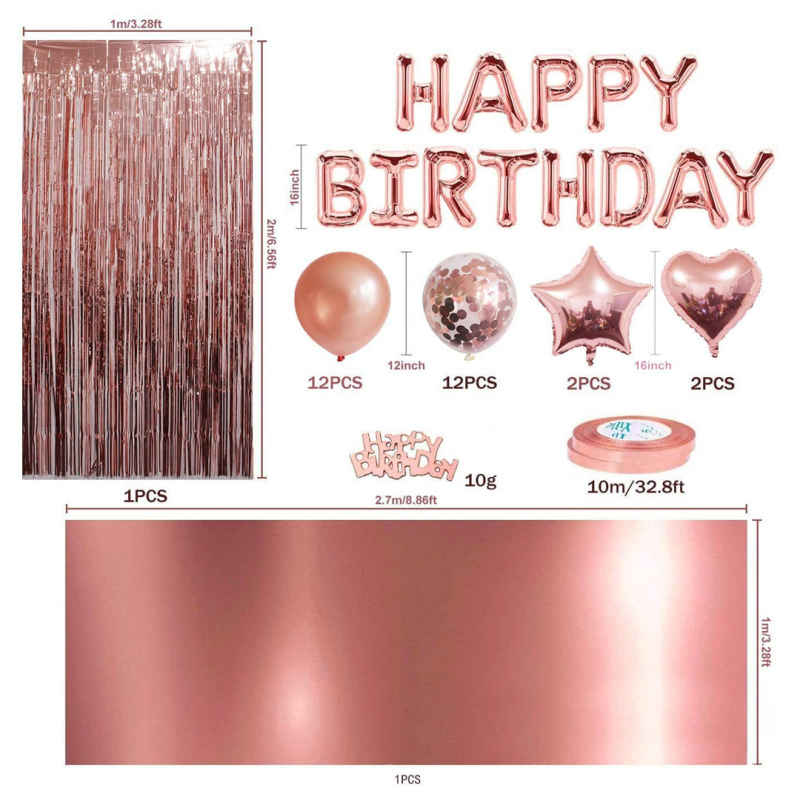 Decoración Globos Fiesta De Cumpleaños, Pancarta De Feliz Cumpleaños, Cortina De Flecos De Oro Rosa, Mantel De Papel De Aluminio, Globos De Confeti Para Mujeres