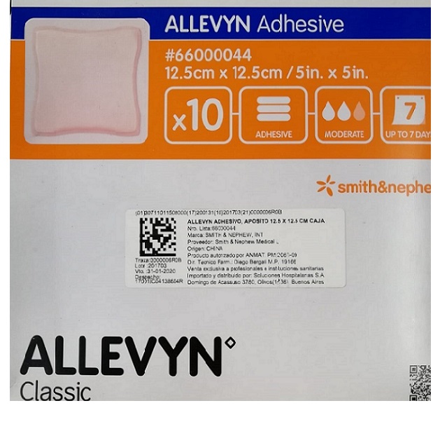ALLEVYN ADHESIVE. Apósito hidrocelular adhesivo para heridas de mediano a alto exudado.. 12.5x12.5cm  Caja c/10