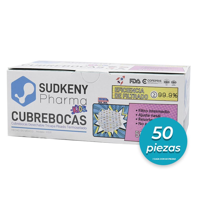 Cubrebocas quirúrgico desechable tricapa plisado termosellado SUDKENY KIDS, Caja c/50 piezas