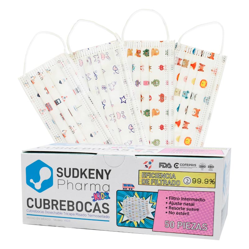 Cubrebocas quirúrgico desechable tricapa plisado termosellado SUDKENY KIDS, Caja c/50 piezas