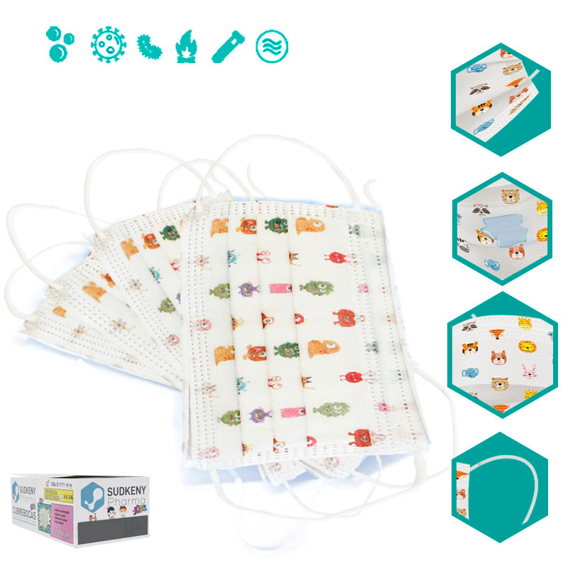 Cubrebocas quirúrgico desechable tricapa plisado termosellado SUDKENY KIDS, Caja c/50 piezas