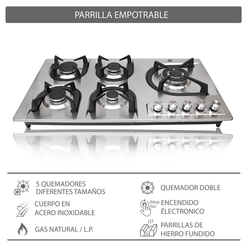 Parrilla de gas lp y gas natural SUPRA 5Q-EA con parrillas de hierro fundido y cubierta de acero inoxidable