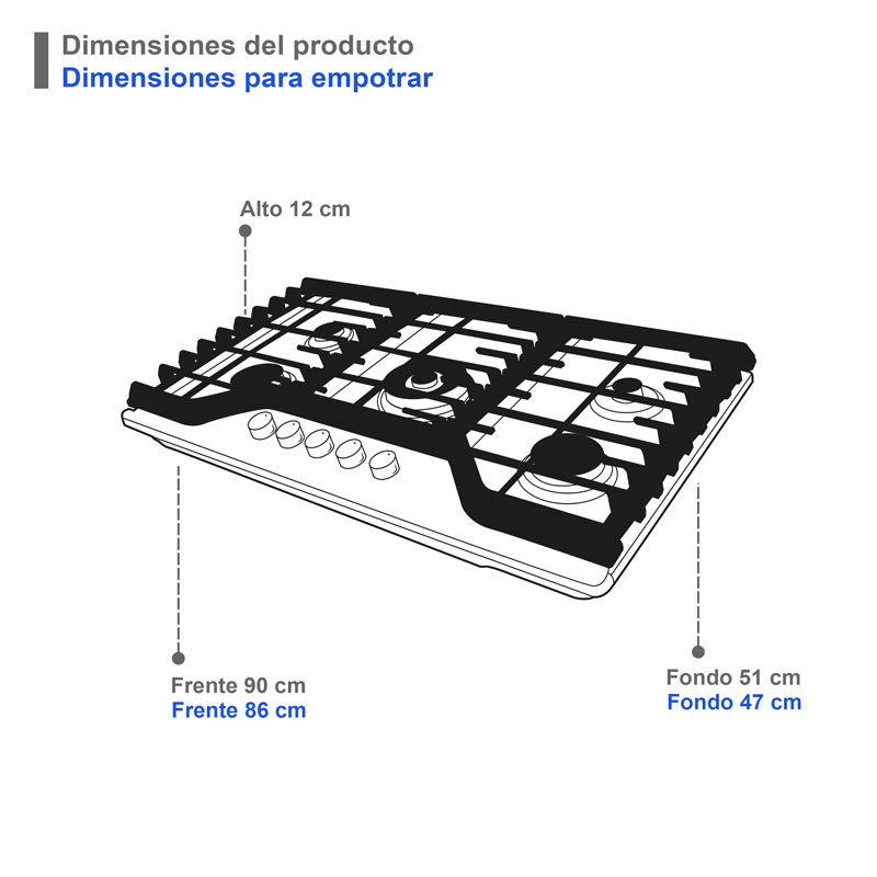 Parrilla de gas LP y gas natural SUPRA 5Q-FS-90, con cubierta de acero inoxidable y quemadores italianos