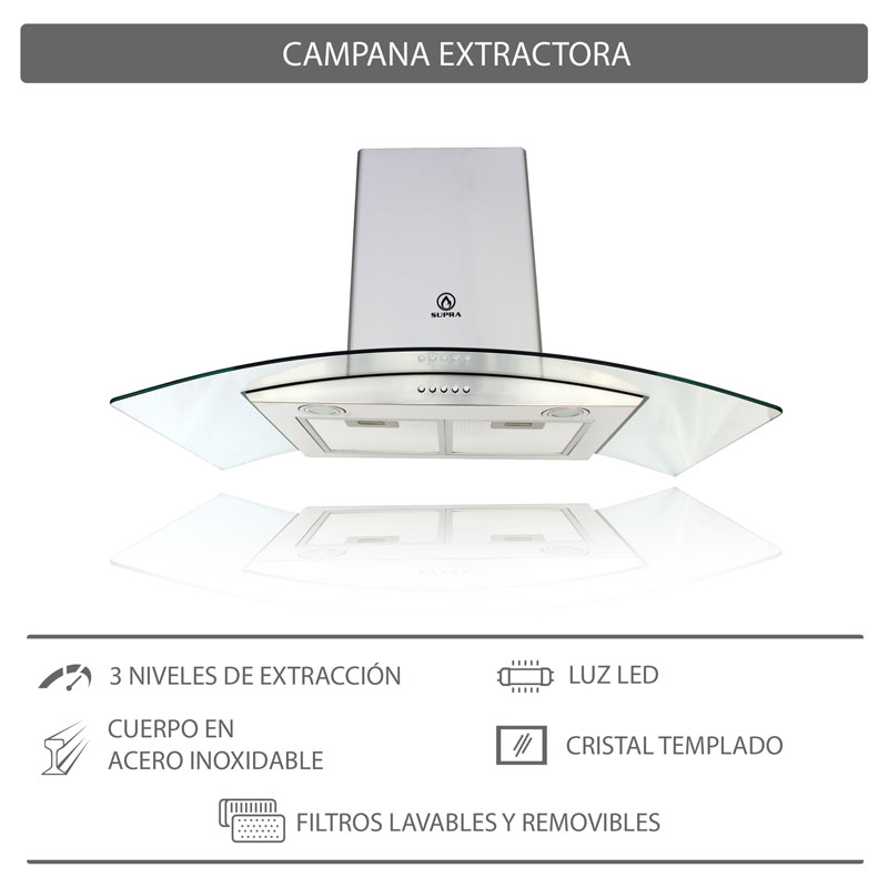 Campana extractora para cocina de 90cm SUPRA CC-90 en acero inoxidable y cristal curvo