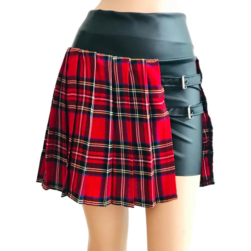 Mini falda short tableada plisada vinipiel coreana mujer Kosauki