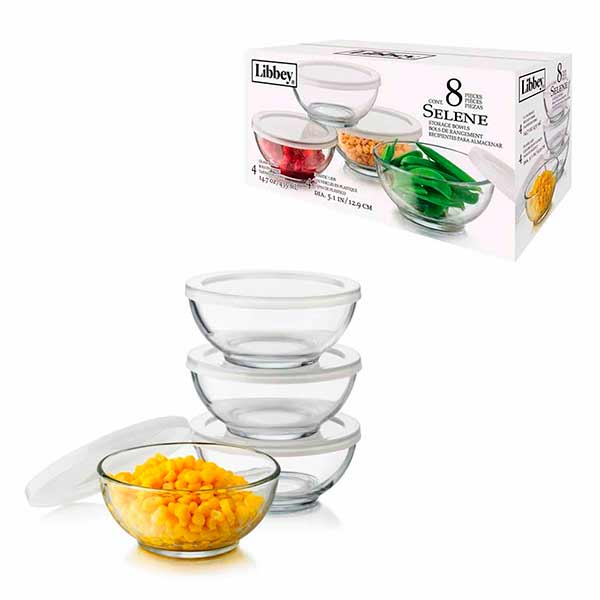 Tazón/bowl vidrio Juego de tazones con tapa Selene Crisa 8 pzas. 1 paq. CRISA-A019