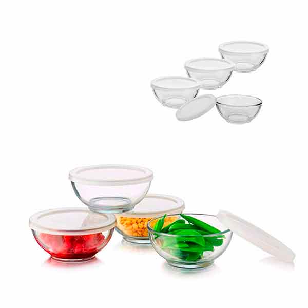 Tazón/bowl vidrio Juego de tazones con tapa Selene Crisa 8 pzas. 1 paq. CRISA-A019