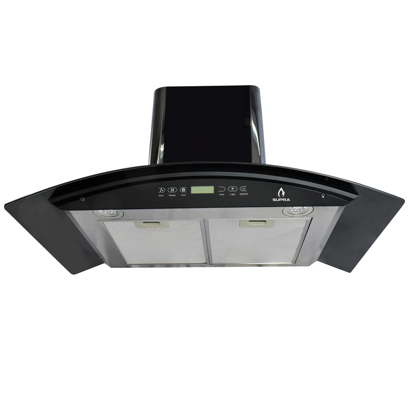 Campana extractora de pared 90cm SUPRA SKYFALL  con cristal curvo en color negro y control remoto