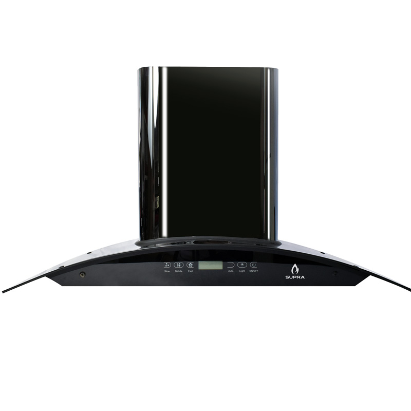 Campana extractora de pared 90cm SUPRA SKYFALL  con cristal curvo en color negro y control remoto