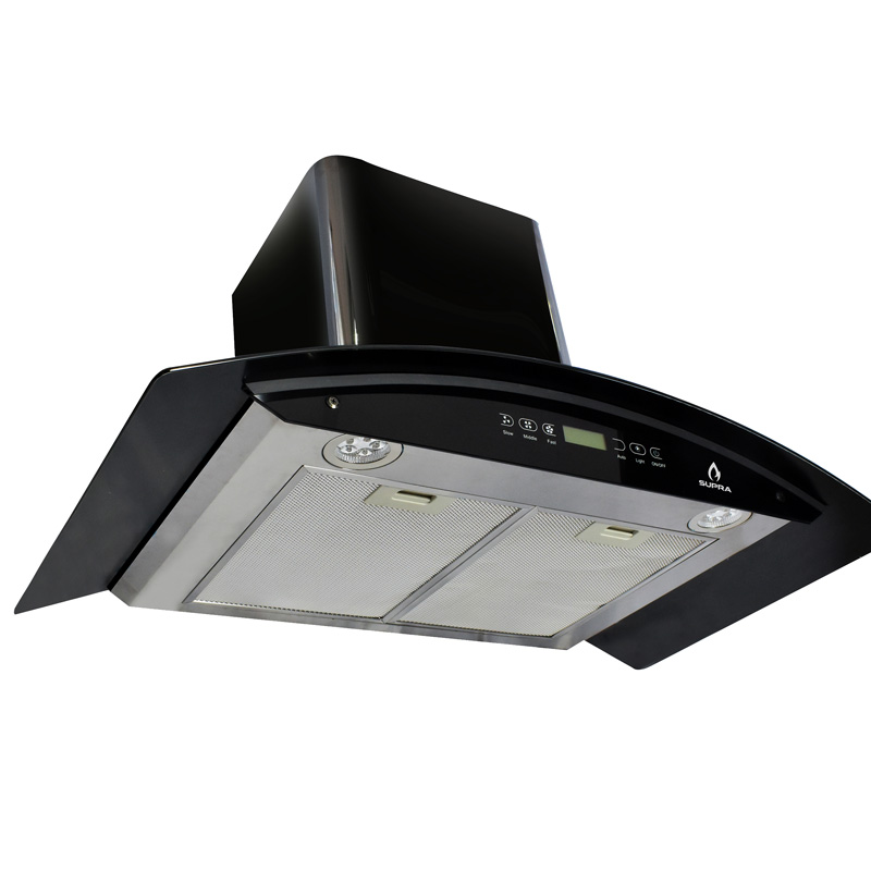 Campana extractora de pared 90cm SUPRA SKYFALL  con cristal curvo en color negro y control remoto